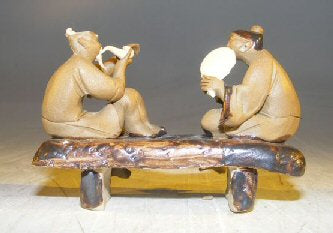 Miniature Ceramic Figurine- Two Men Sitting on a Bench