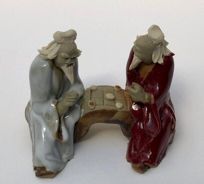 Ceramic Figurine-Two Men Sitting On A Bench Playing Chess - 2.25-Color: Red & White