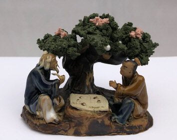 Ceramic Figurine -Two Men Playing Board Game Under A Tree