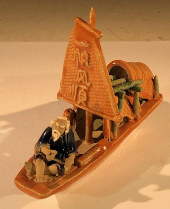 Man on Sampan Boat- Large-Glazed Figurine