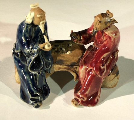 Ceramic Figurine-Two Men Sitting On A Bench Playing Chess - 3-Color: Blue & Red