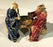 Ceramic Figurine-Two Men Sitting On A Bench Playing Chess - 3-Color: Blue & Red