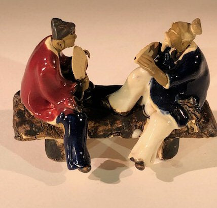 Ceramic Figurine-Two Men Sitting On A Bench With Fans- 3-Color: Blue & Red