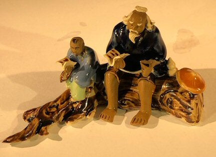Miniature Ceramic Figurine-Father & Son Sitting on a Log Reading Books - 2.5-Color : Powdered Blue and Blue