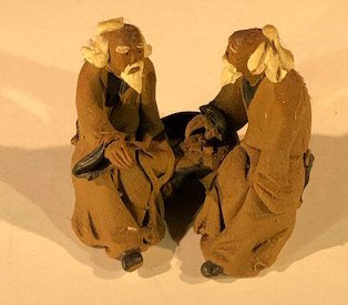 Miniature Ceramic Figurine- Two Men Sitting on Bench - 2- Unglazed