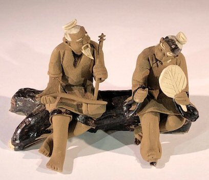 Miniature Ceramic Figurine- Two Men Sitting on Bench Playing Musical Instrument - 2.5- Unglazed