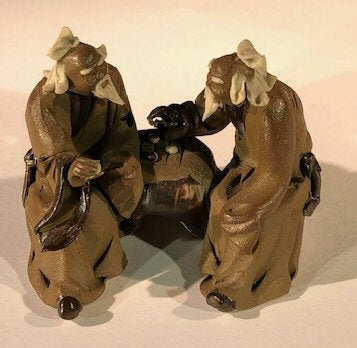 Ceramic Figurine-Two Mud Men Sitting On A Bench Playing Chess - 2.5-