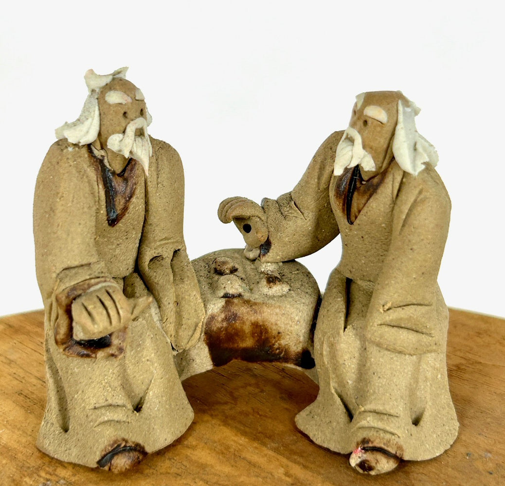 Ceramic Figurine-Two Mud Men Sitting On A Bench Playing Chess-2