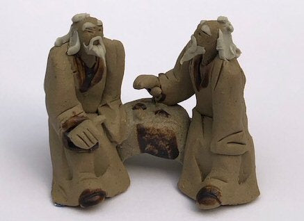 Ceramic Figurine-Two Mud Men Sitting On A Bench Playing Chess-2