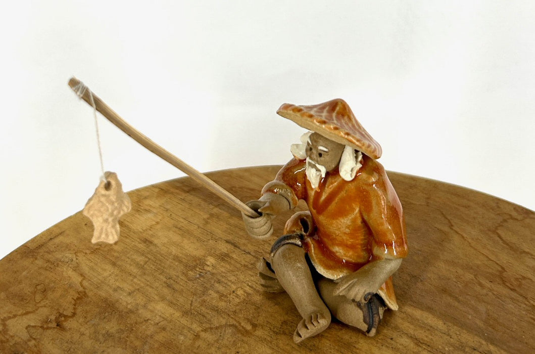 Miniature Ceramic Glazed Fisherman Figurine-Orange-1.25