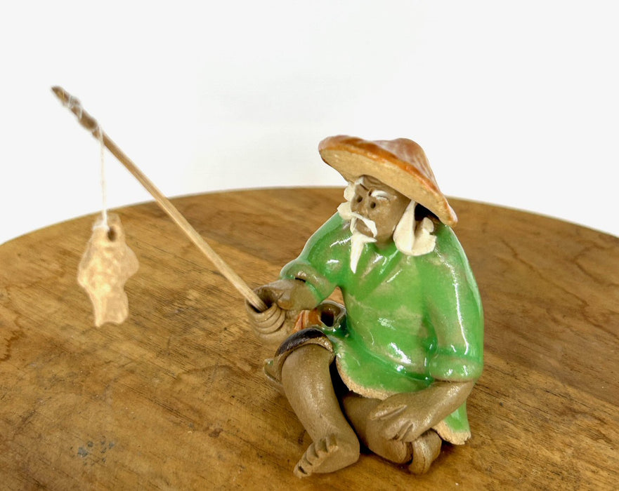 Miniature Ceramic Glazed Fisherman Figurine-Light Green-2.0
