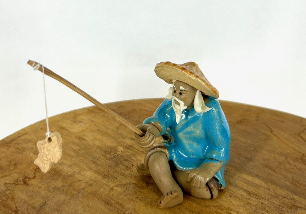 Miniature Ceramic Glazed Fisherman Figurine-Light Blue-1.25