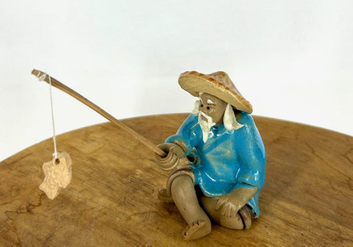 Miniature Ceramic Glazed Fisherman Figurine-Light Blue-1.25