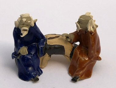 Ceramic Figurine-Two Men Sitting On A Bench - 2-Color: Blue & Orange