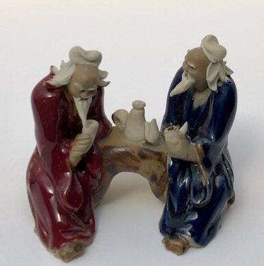 Ceramic Figurine-Two Men Sitting On A Bench Drinking Tea 2.25-Color: Blue & Red