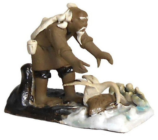 Ceramic Figurine-Mud Man on Raft with Crane Catching Fish - 2.5