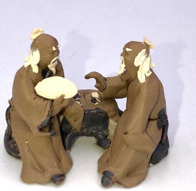 Miniature Ceramic Figurine-Two Mud Men Sitting On A Bench Playing Chess - 1.5-