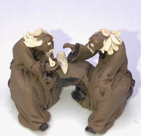 Miniature Ceramic Figurine-Two Mud Men Sitting on a Bench Playing Music- 1.5-