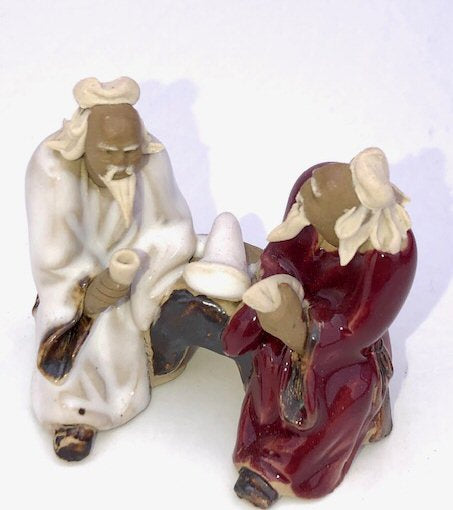 Ceramic Figurine-Two Men Sitting On A Bench - 2-Color: Red & White