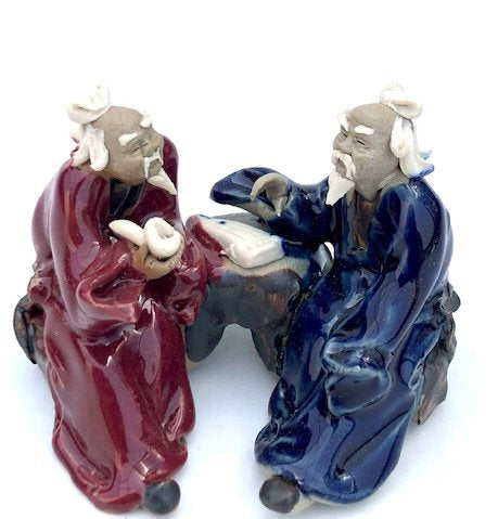 Ceramic Figurine-Two Men Sitting On A Bench Playing Music 2-Color: Blue & Red