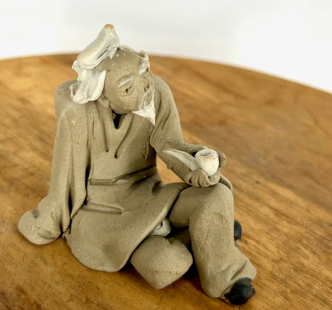 Miniature Ceramic Figurine-Sitting Mud Man with Pipe - 2