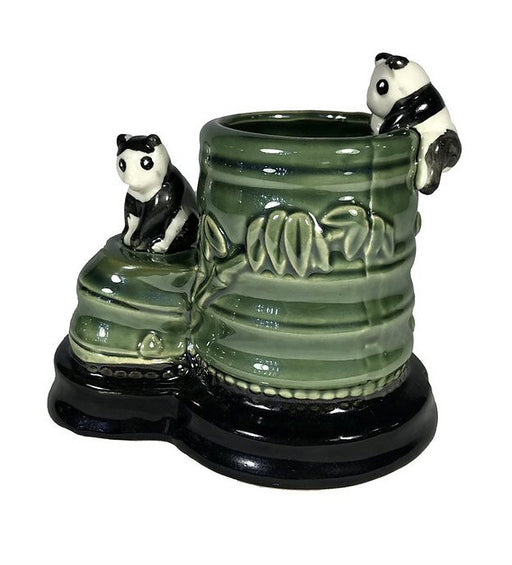 Green Round Bamboo Pot With Climbing Pandas-2.5 x 2.5 x 4.25