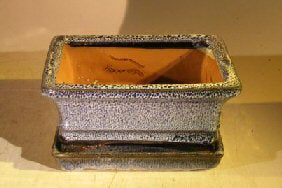 Marble Blue Ceramic Bonsai Pot - Rectangle-Professional Series with Attached Humidity/Drip tray-6.37 x 4.75 x 2.625