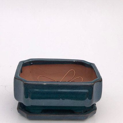 Blue / Green Ceramic Bonsai Pot - Rectangle-Professional Series with Attached Humidity/Drip tray-8.25 x 6.5 x 4.0