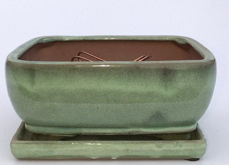 Melon Green Ceramic Bonsai Pot - Rectangle-Professional Series with Attached Humidity/Drip tray-8.5 x 6.5 x 3.5