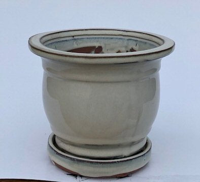Beige Ceramic Bonsai Pot - Round-With Attached Humidity Drip Tray-5.75 x 5.75 x 5.5