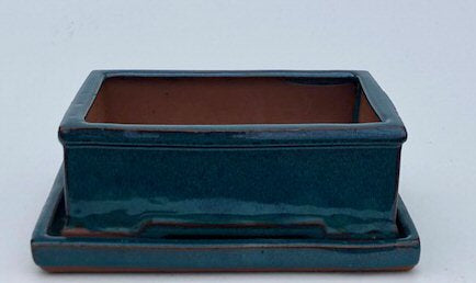 Blue / Green Ceramic Bonsai Pot - Rectangle-With Humidity Drip Tray-8.5 x 7 x 3