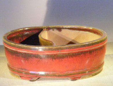 Parisian Red Ceramic Bonsai Pot - Oval -Land/Water Divider -10 x 8 x 3.75