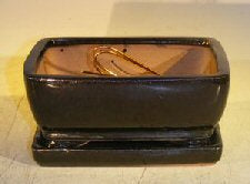 Black Ceramic Bonsai Pot - Rectangle -Professional Series with Attached Humidity/Drip Tray -6.37 x 4.75 x 2.625