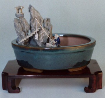 Water/Stone Landscape Scene -Ceramic Bonsai Pot - 8 x 6